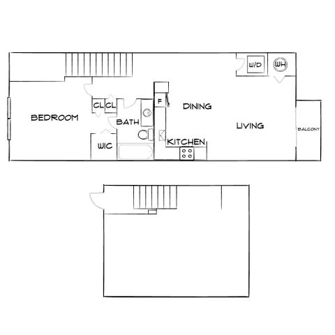 Elegant floor plan showcasing a single-bedroom layout with an open-concept living and dining area, stylish kitchen, and private balcony.