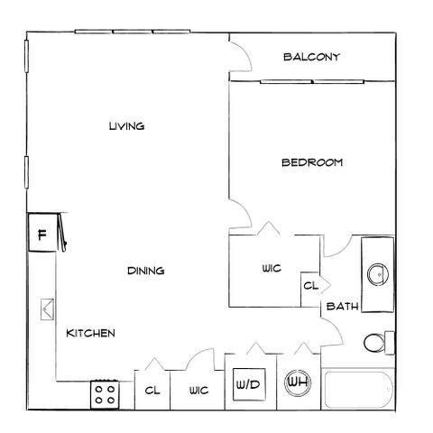 Modern 1-bedroom apartment floor plan featuring a spacious living area, open dining space, kitchen, and a private balcony.