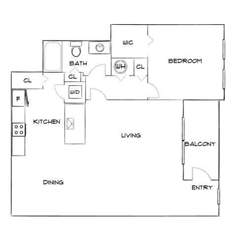 Modern floor plan featuring a spacious bedroom with walk-in closet, open living and dining area, stylish kitchen, and private balcony.