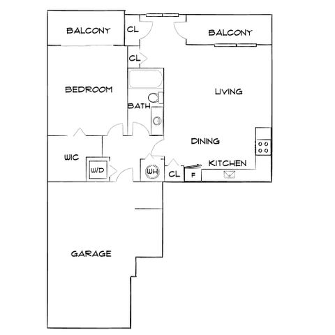 Inviting floor plan showcasing a spacious bedroom, stylish living area with two balconies, modern kitchen, dining space, and convenient garage access.