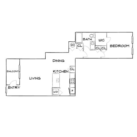 Modern floor plan showcasing a spacious 1-bedroom layout with a convenient walk-in closet, open-concept living and dining area, and a private balcony.