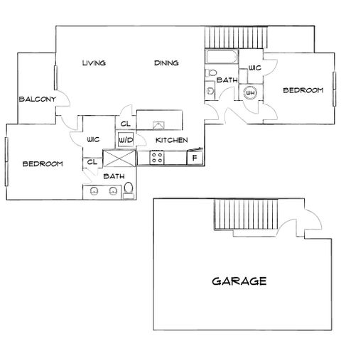Modern floor plan showcasing 2 bedrooms, open living and dining area, kitchen, 2 baths, balcony, and garage.
