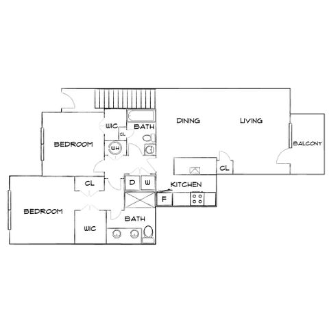 Elegant floor plan showcasing 2 bedrooms, 2 bathrooms, open living and dining area, modern kitchen, and private balcony.