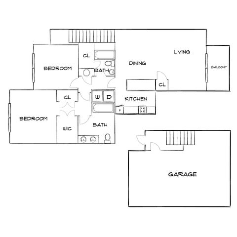 Elegant floor plan featuring two bedrooms, a spacious living and dining area, a modern kitchen, two bathrooms, and a large garage with a balcony access.