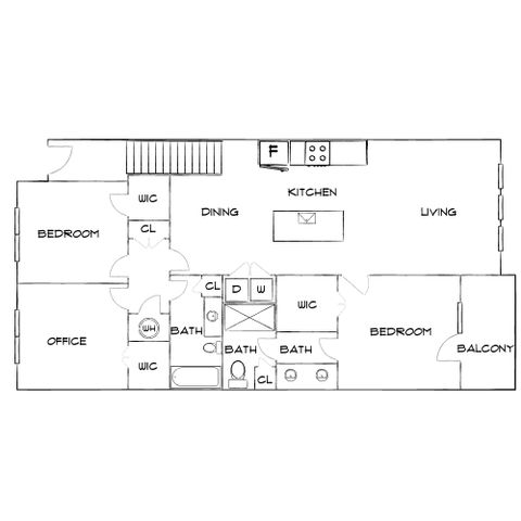 Modern floor plan featuring 2 bedrooms, a versatile office space, and a balcony. Open kitchen and living area for a spacious feel.