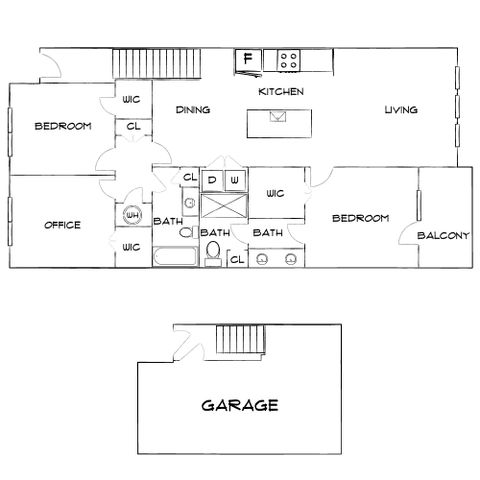 Chic floor plan featuring 2 bedrooms, an office, stylish kitchen, and balcony with spacious living and dining areas. Includes convenient garage space.