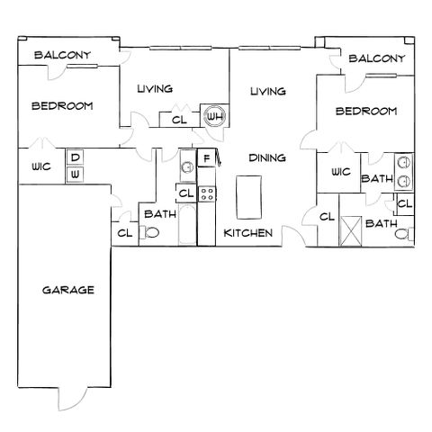 Elegant floor plan showcasing 2 bedrooms with balconies, open living spaces, modern kitchen, and a 2-car garage.