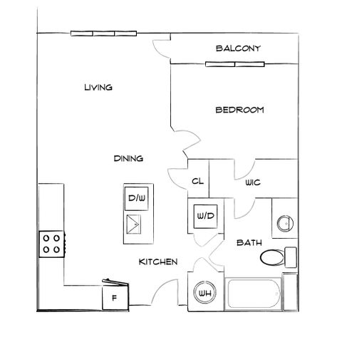 Modern floor plan with one bedroom, open living and dining area, kitchen, bathroom, and private balcony.