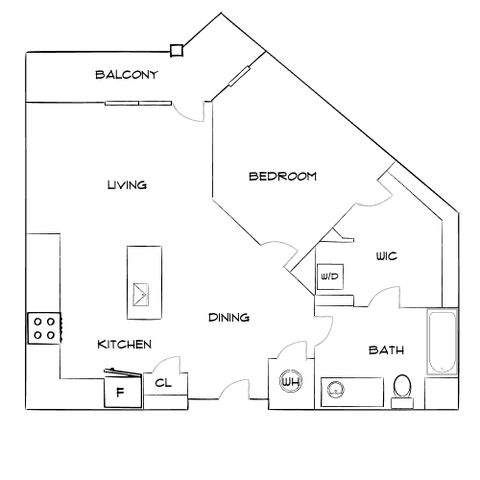 Elegant 2D floor plan featuring a stylish bedroom, spacious living area with balcony access, and modern kitchen with dining space.