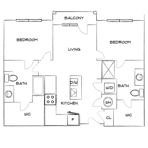 Elegant floor plan showcasing 2 bedrooms, 2 baths, a modern kitchen, and a spacious living area with balcony access.