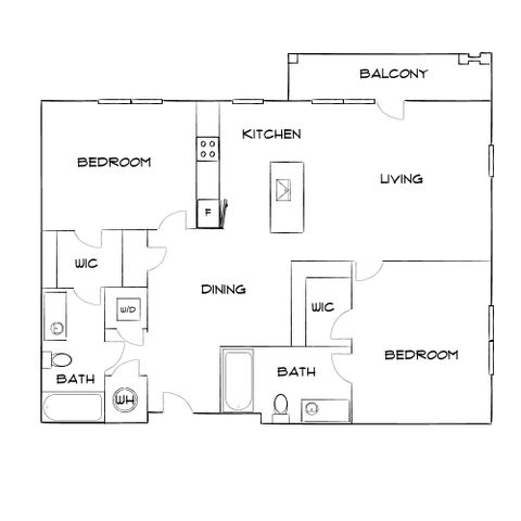 Modern floor plan featuring 2 bedrooms, expansive living and dining areas, sleek kitchen, and a private balcony.