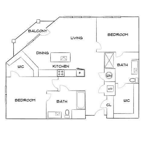 Chic floor plan featuring 2 bedrooms, open-concept living and dining areas, modern kitchen, and balcony access.