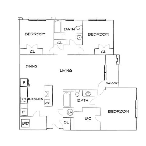 Modern floor plan showcasing 3 bedrooms, open living and dining areas, a well-equipped kitchen, and a private balcony.