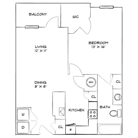 Chic apartment floor plan featuring a spacious bedroom, open living and dining area, and modern kitchen with access to a balcony.