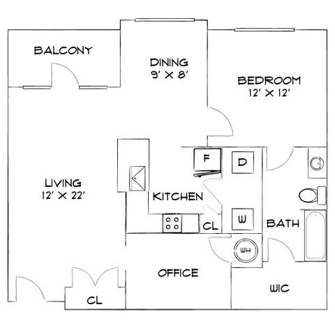 Modern floor plan showcasing one-bedroom apartment with spacious living area, kitchen, and private office. Includes balcony and walk-in closet for added convenience.