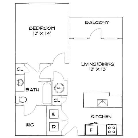 Chic floor plan showcasing a spacious 1-bedroom layout with a balcony, open living/dining area, and modern kitchen.