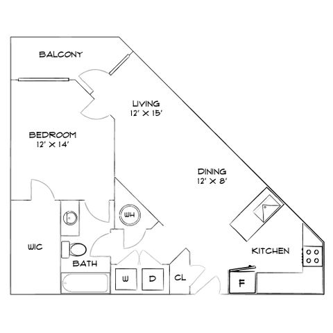 Chic floor plan showcasing 1 bedroom with a private balcony, open living and dining areas, modern kitchen, and sleek bathroom.