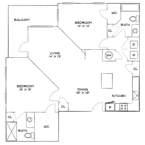 Inviting floor plan with 2 spacious bedrooms, expansive living room, balcony access, modern kitchen, and 2 chic bathrooms.