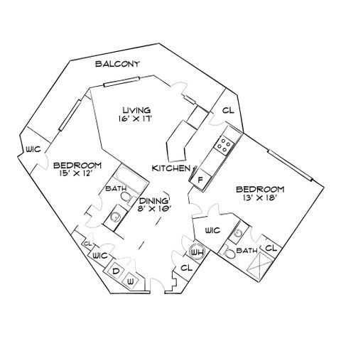 Chic floor plan with 2 bedrooms, open living area, modern kitchen, and balcony.