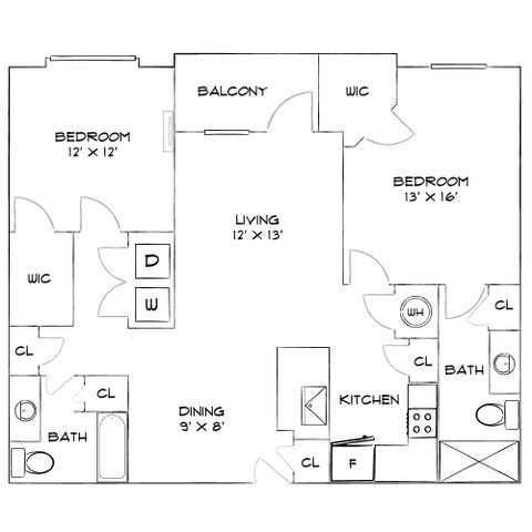 Inviting floor plan showcasing 2 spacious bedrooms, an open living area, modern kitchen, dining space, and private balcony.