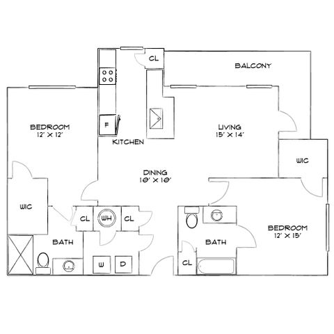 Inviting floor plan featuring 2 spacious bedrooms, an open living area, a modern kitchen, and a dining room with a charming balcony view.