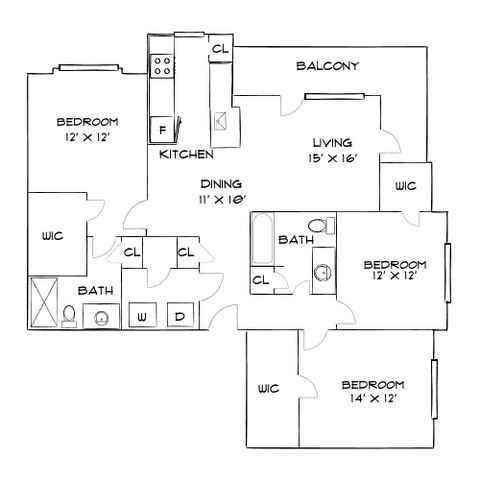Modern floor plan showcasing 3 spacious bedrooms, open dining and living area, and a cozy balcony.