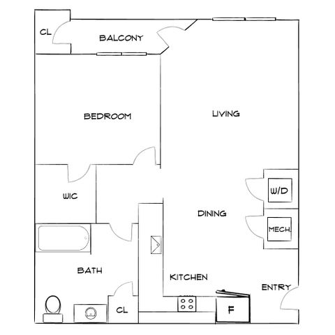 Contemporary 1-bedroom floor plan with a spacious living area, modern kitchen, and private balcony, ideal for stylish living.