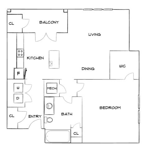Elegant 2D floor plan featuring a bedroom with walk-in closet, open living and dining area, modern kitchen, and balcony.