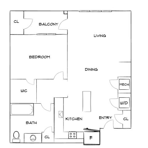 Modern floor plan showcasing a 1-bedroom apartment with spacious living and dining area, a balcony, and a stylish kitchen. Includes a walk-in closet and convenient laundry facilities.