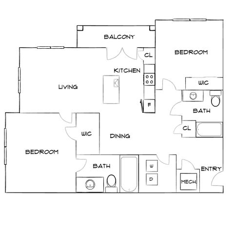 Elegant floor plan with 2 bedrooms, open living and dining area, modern kitchen, and a balcony with scenic views.