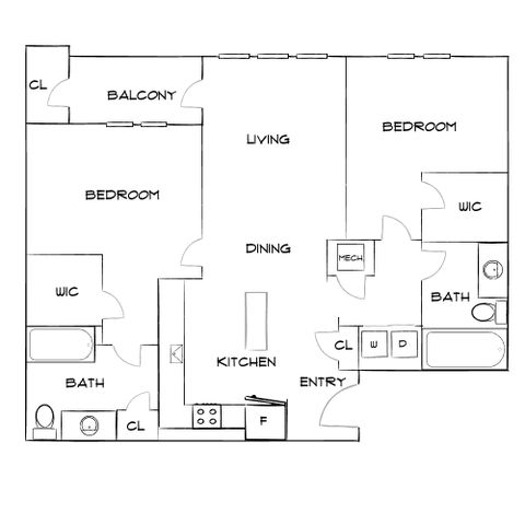 Elegant apartment floor plan featuring 2 spacious bedrooms, a luxurious open kitchen, and a bright living area with a balcony.