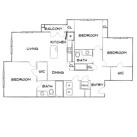 Elegant floor plan showcasing 3 bedrooms with walk-in closets, an open living and dining area, modern kitchen with balcony access, and two bathrooms.
