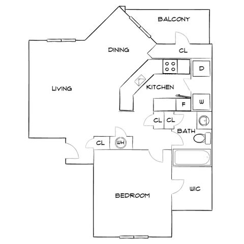 Elegant floor plan showcasing a spacious 1-bedroom apartment with open living and dining areas, modern kitchen, and a relaxing balcony.