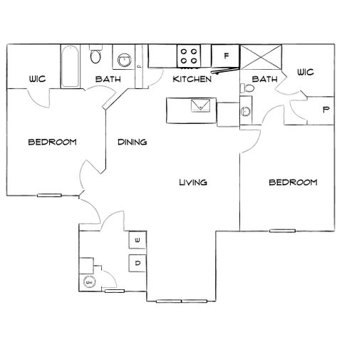 Modern floor plan featuring 2 bedrooms, a stylish kitchen, and an open dining and living area, with convenient walk-in closets and two bathrooms.