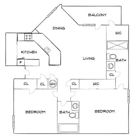 Chic floor plan featuring two bedrooms, two baths, a spacious living and dining area, modern kitchen, and a private balcony.