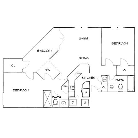 Modern 2-bedroom floor plan with open-concept living and dining area, stylish kitchen, two bathrooms, and a balcony, perfect for comfortable living.