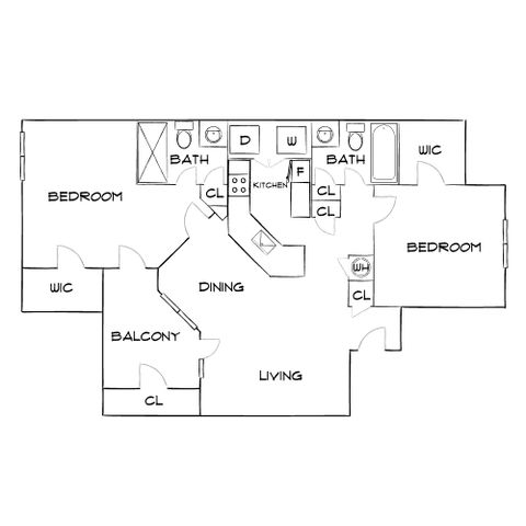 Modern floor plan showcasing 2 bedrooms, dining area, and a spacious living room with balcony.