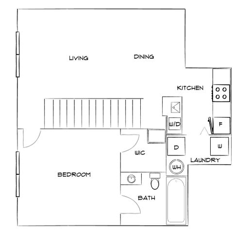 Modern floor plan showcasing a spacious living and dining area, cozy bedroom, well-equipped kitchen, and convenient laundry space.