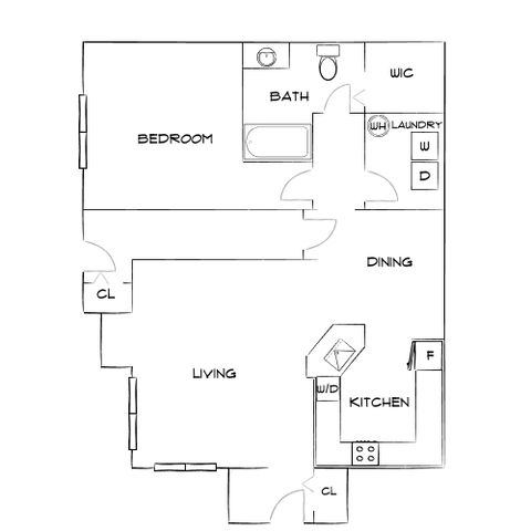 Modern floor plan showcasing 1 bedroom, open living and dining area, efficient kitchen, and convenient laundry space.