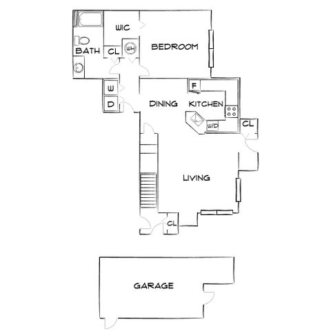 Elegant floor plan showcasing a spacious bedroom, modern kitchen, and inviting living area with an attached garage.