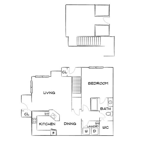 Modern apartment floor plan showcasing a spacious layout with 1 bedroom, open-concept living and dining area, and a well-equipped kitchen.