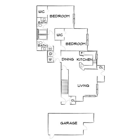 Charming floor plan showcasing 2 bedrooms, an open dining and kitchen area, spacious living room, and a convenient garage.