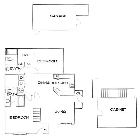Charming floor plan with 2 bedrooms, modern kitchen, spacious living area, and detached garage.