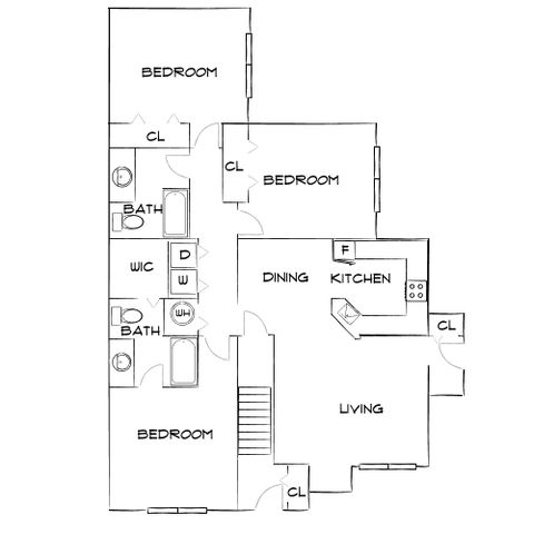 Inviting 3-bedroom floor plan with two bathrooms, a cozy living area, open dining and kitchen space, ideal for comfortable living.