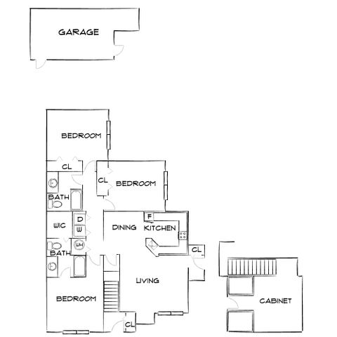 Charming floor plan featuring 3 bedrooms, a spacious living area, open kitchen, and convenient garage.