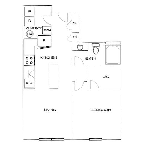 Modern floor plan highlighting a spacious 1-bedroom layout with open kitchen and living area, large bathroom, and convenient laundry room.