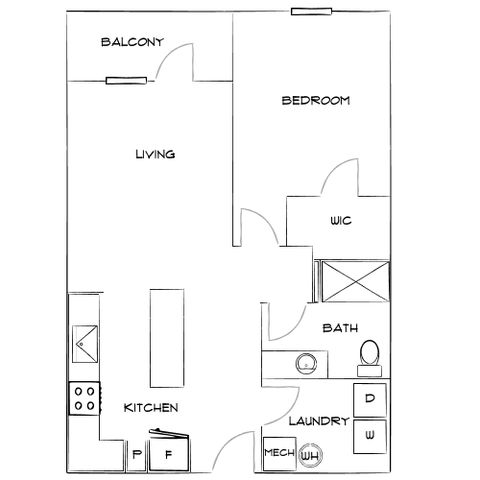 Modern floor plan featuring a spacious living area with balcony, a cozy bedroom with walk-in closet, well-equipped kitchen, and convenient laundry space.