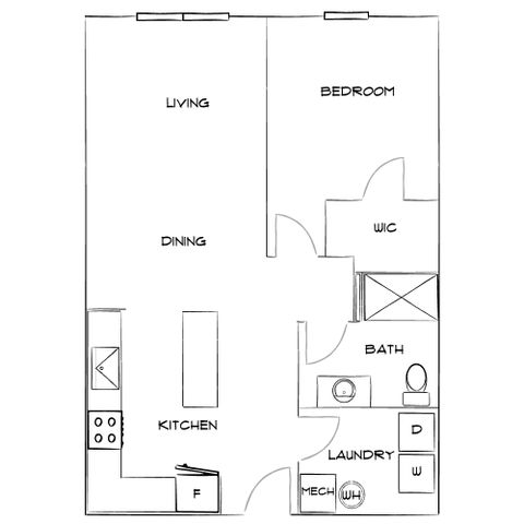 Contemporary 2D floor plan highlighting a spacious living and dining area, a sleek kitchen, one bedroom with walk-in closet, and a convenient bath and laundry space.