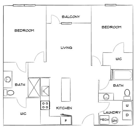 Modern 2D floor plan showcasing two bedrooms, dual bathrooms, a spacious living area leading to a balcony, and a functional kitchen with laundry space.