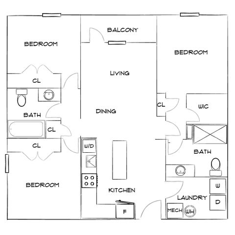 Modern floor plan showcasing 3 bedrooms, open-concept living and dining area, elegant kitchen, and spacious balcony.